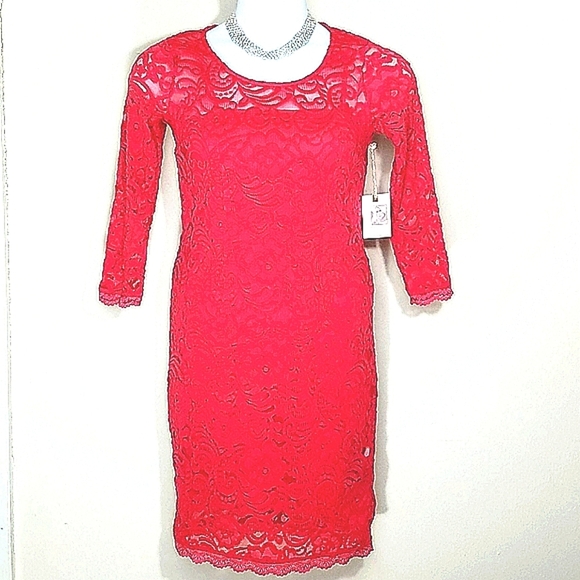 Dress midi bright pink Fuscia lace lined 3/4 long sleeve Cocktail Sexy Romantic - Picture 1 of 7